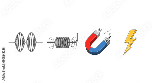 Electromagnetism Concepts: Waves, Coil, Magnet, Lightning Bolt