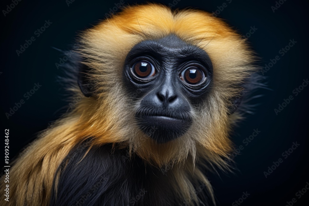 Fototapeta premium Primate monkey face with golden fur on a dark background