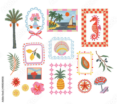 Tropical mediterranean elements with framed coastal fruits flowers and summer illustrations vector isolated