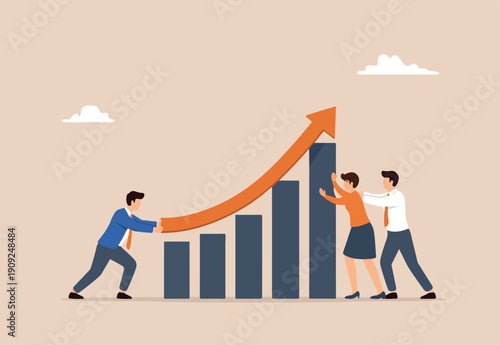 Teamwork effort to help growing business, resistance or support for business growth, cooperation to improve and raising performance concept, business team members help push arrow rising up graph
