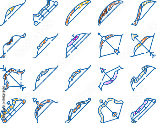 Collection of archery bows, arrows and quivers showing traditional and modern styleslongbow, recurve, compoundfor target shooting, hunting, competition and training