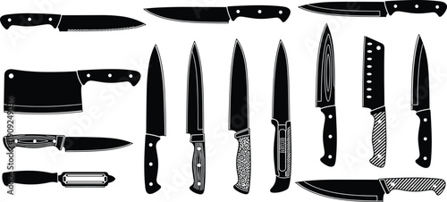 Kitchen, Knives, Silhouettes, Chef, Cutting, Tools, Cooking, Utensils, Collection, Black, Isolated, Illustration, Culinary, Equipment, Steel, Blade, Set, Professional, Design, Butcher