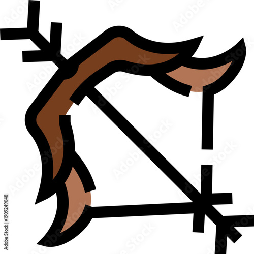 Bow and arrow icon, symbolizing hunting, sports, and the astrological sign sagittarius, combining rustic brown tones with a clear, defined outline on a white background
