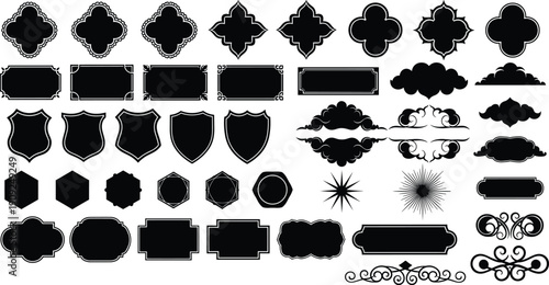 Collection of black vector decorative frames labels silhouettes and vintage borders including shields clouds flourishes and ornate geometric shapes for elegant branding and creative design