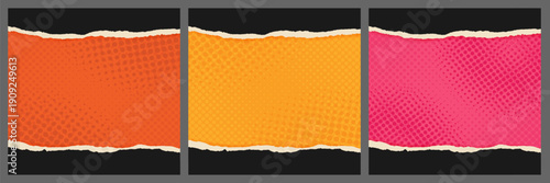 Square background with realistic torn, ripped paper with uneven edge on red, yellow, pink retro groovy dotted backdrop with dots. Frame, mockup, text box for sale banner, collage. Vector EPS10