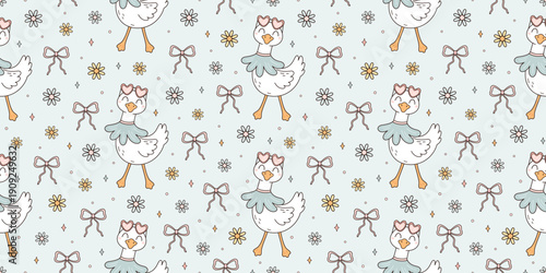Coquette goose seamless pattern, Silly goose on the loose pattern,  Floral background, Funny farm animal, Summer cottagecore design.