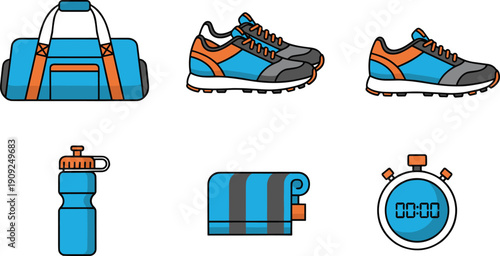 Gym Fitness Equipment Vector Illustration Set with Blue Sports Bag Running Shoes Water Bottle Exercise Mat and Stopwatch