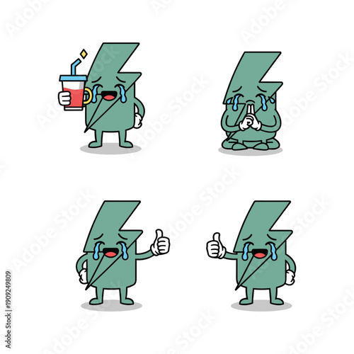 Cartoon lightning bolt character expressing different emotions with thumbs up and drink