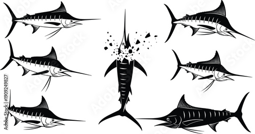 Marlin, Swordfish, Silhouettes, Fish, Ocean, Marine, Wildlife, Fishing, Sport, Sea, Collection, Black, Isolated, Illustration, Predator, Tropical, Aquatic, Set, Design, Angler