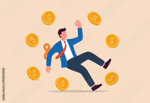  Financial mistake losing money, investment risk or trading failure, debt and loan, cost and expense problem concept, clumsy businessman investor fall on slippery floor losing all money dollar coins.