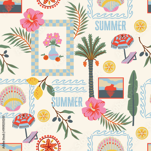 Tropical frame seamless pattern with palm pineapple seahorse flowers coastal summer illustration