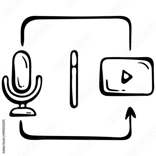 Audio to Video Conversion Icon. Microphone and Media Player Symbols with Cycle Arrow for Podcast Production, Content Creation and Multimedia Workflow. Vector Doodle.