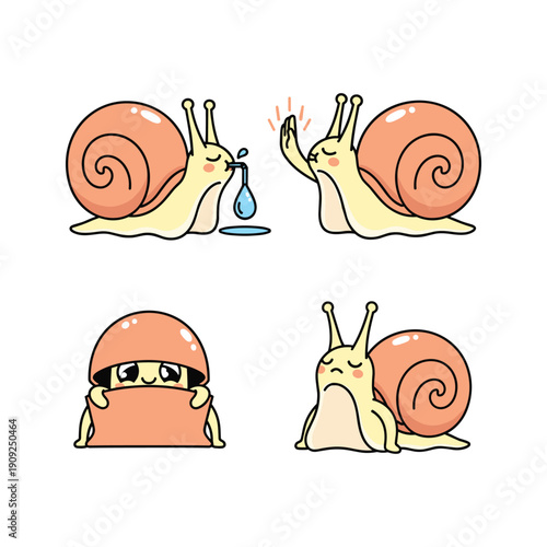 Cartoon snails with humorous expressions and actions in a playful style