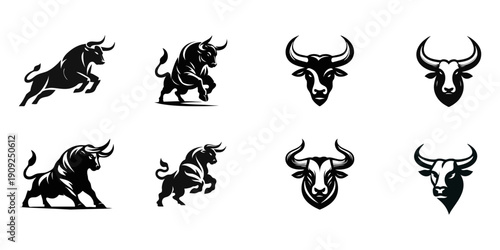 Strong Bull and Minotaur Logo Set - Black and White Buffalo Mascots