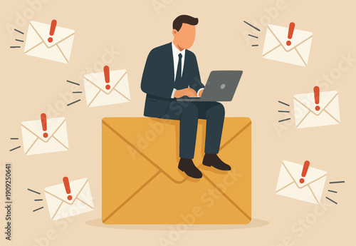 Email management, handle many emails or manage to reply all emails, efficiency or productive way, prioritize or, businessman work with computer laptop on email envelope.