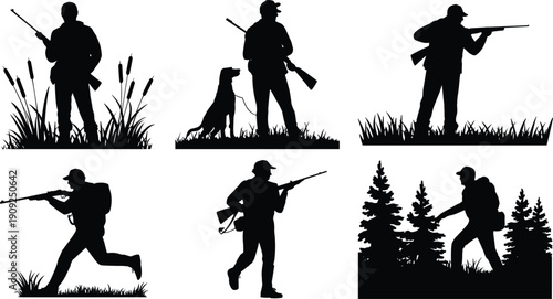 Silhouette illustration of hunters in various poses including aiming rifles, walking with backpacks, standing with dogs, and crouching in grass for outdoor, hunting, and adventure design