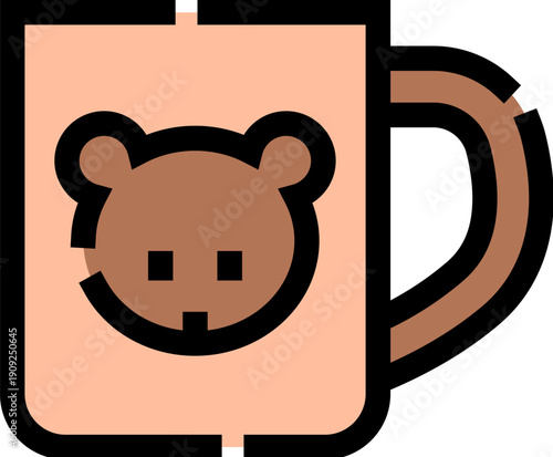Brown teddy bear face adorning a light pink mug, functioning as a charming icon or illustration for concepts related to childhood, comfort, and warm beverages
