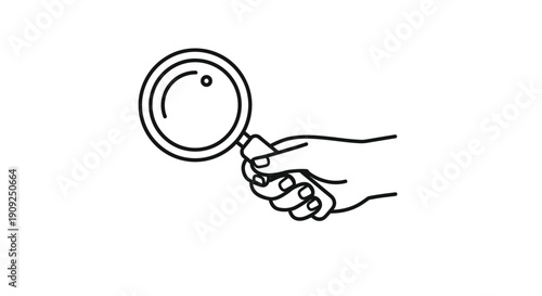 Simple line art illustration depicts a hand firmly grasping a magnifying glass against a bright white background symbolizing investigation or discovery.