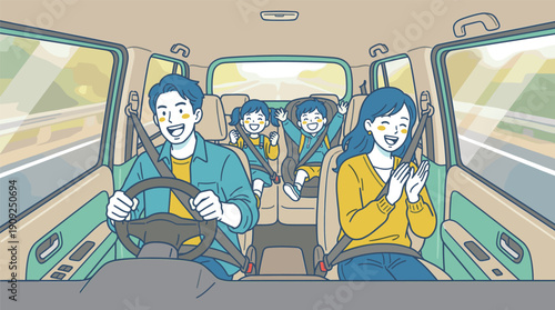 家族4人で楽しくドライブする車内シーン 安全運転とファミリー旅行のイラスト