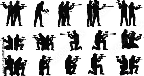 Paintball, Players, Silhouettes, Shooting, Marker, Gun, Sport, Action, Team, Combat, Game, Tactical, Training, Collection, Black, Isolated, Illustration, Adventure, Recreation, Set