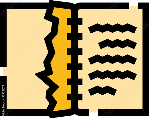 Open spiral bound notebook with a ripped page and torn edge, symbolizing damage, discarded notes, erased memories, mistakes, censorship, broken records, loss and mental stress