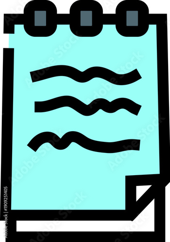 Notepad icon illustrating a loose leaf sheet of paper with abstract text, symbolizing memo creation, important information, daily tasks, and educational concepts for digital interfaces