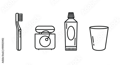 Dental Hygiene Set: Toothbrush, Floss, Toothpaste, and Cup - Cleanliness Iconography