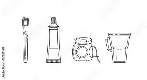 Dental Hygiene Routine: Toothbrush, Toothpaste, Floss, and Cup - Line Art Illustration