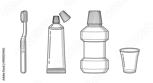 Dental hygiene set: toothbrush, toothpaste, mouthwash, and cup in black and white sketch.