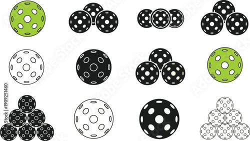 Pickleball ball collection vector set, perforated sports balls silhouettes, plastic training equipment illustration isolated on white background