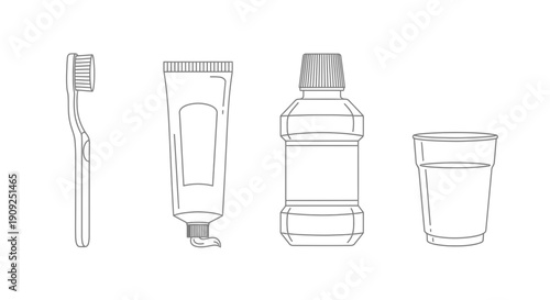 Dental Hygiene Set: Toothbrush, Toothpaste, Mouthwash, and Glass