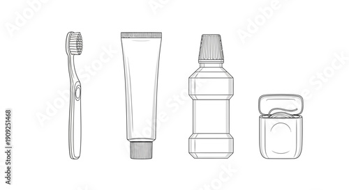 Dental Hygiene Set: Toothbrush, Toothpaste, Mouthwash, and Floss - Line Art Illustration