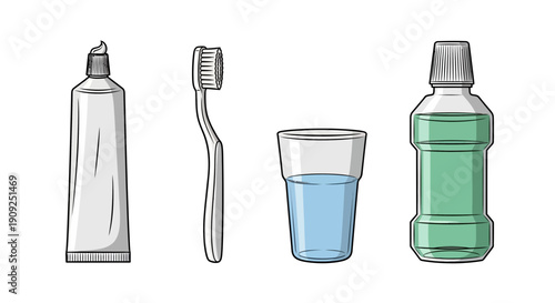 Dental Hygiene Set: Toothpaste, Toothbrush, Glass of Water, and Mouthwash Bottle