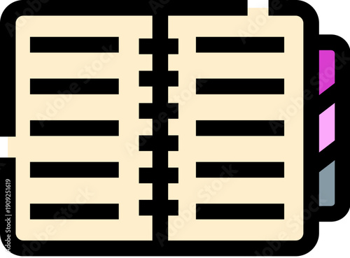 Open spiral bound notebook displaying lined pages with written notes and colorful organizational tabs, representing planning, education, and documentation
