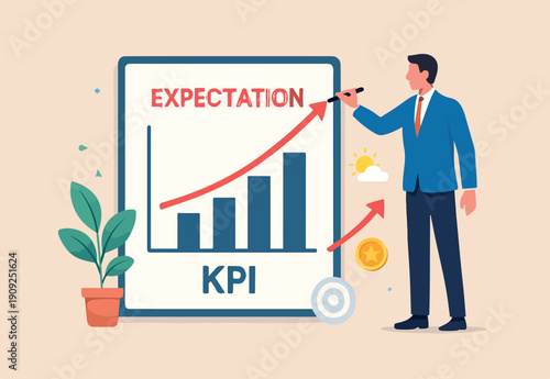  Set expectation or KPI, key performance indicator for improvement or work success, growth or growing business, hope or opportunity to success concept, businessman draw expectation line on KPI graph