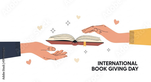 International Book Giving Day Sharing Hands Open Book Vector Illustration