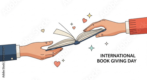 International Book Giving Day Sharing Hands Open Book Vector Illustration