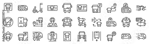 Set of 30 outline icons related to bus. Linear icon collection. Editable stroke. Vector illustration