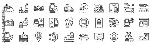 Set of 30 outline icons related to train. Linear icon collection. Editable stroke. Vector illustration