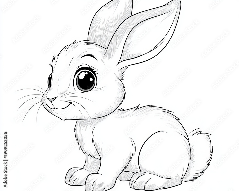 Obraz premium Cute Adorable Bunny Cartoon in Simple Line Art Style, Fluffy Rabbit Character for T-shirt Designs
