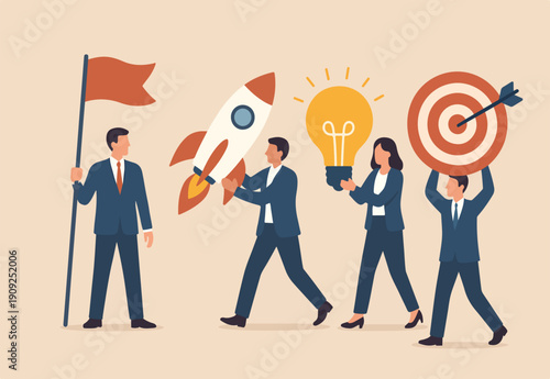Entrepreneurship, think and develop new idea, organize and launch new innovation product, startup or start new company, business people holding winner flag, , lightbulb idea and target plan.