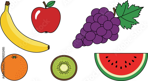 Assorted Fruits Including Banana and Watermelon.