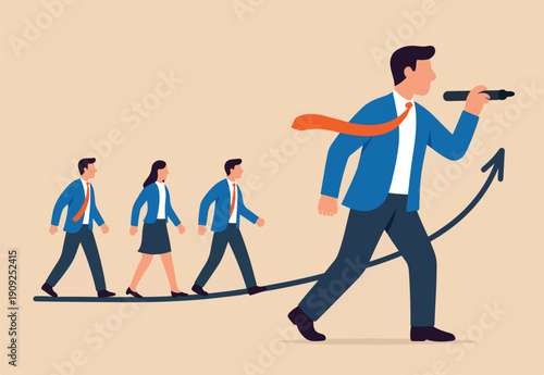 : Leadership to find team direction, guidance or solution to follow, manager create strategy or way to achieve success, leading to win concept, businessman leader draw line for employees to follow.