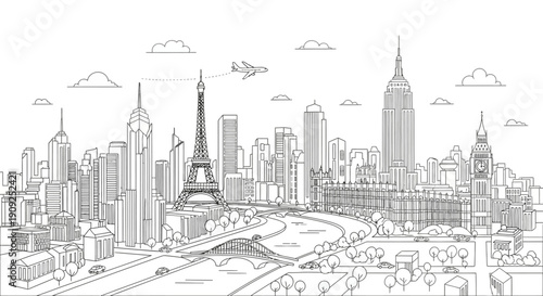 Hand drawn global cityscape panorama line art illustration with urban skyline, winding river, and architectural structures