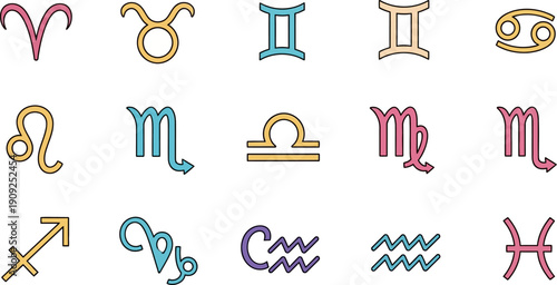 Zodiac Signs Symbols Astrology Horoscope Icons Set.