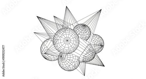 Abstract geometric wireframe composition with interconnected spheres and sharp spiky elements, digital art illustration representing complexity, technology, and science.