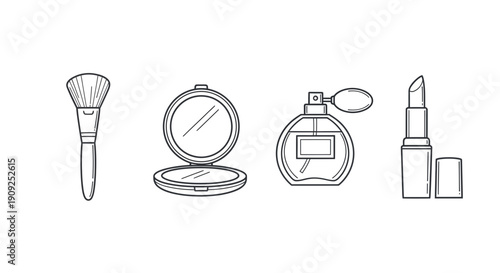 Cosmetic makeup items: brush, powder compact, perfume bottle, lipstick, line art icons
