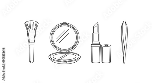 Cosmetic Makeup Tools: Brush, Mirror, Lipstick, Tweezers - Black and White Line Art