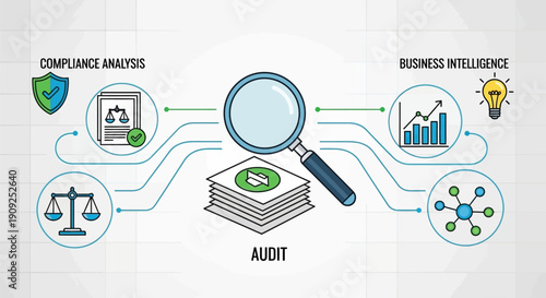 Audit Process with Magnifying Glass and Documents.