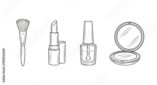 Cosmetic Products Sketch: Makeup Brush, Lipstick, Nail Polish, Powder Compact